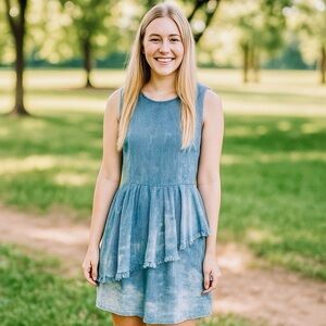 Sea New York pinstripe chambray paint splatter ruffle dress size 0 blue